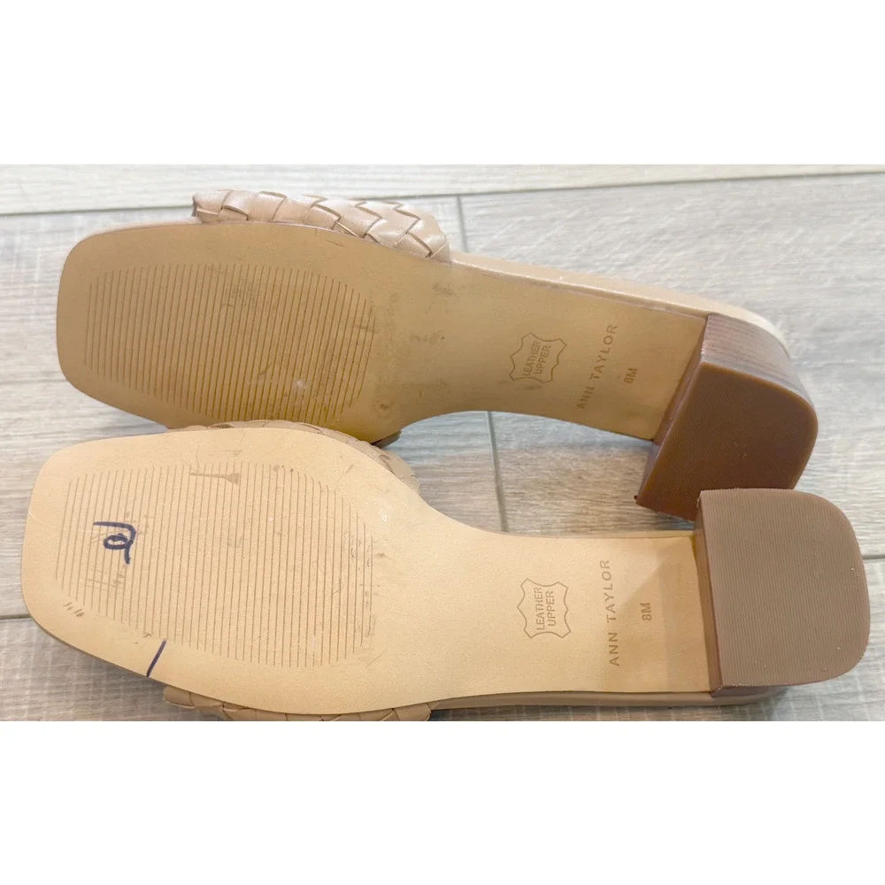 NEW ANN TAYLOR DESERT SAND WOVEN STRAP LEATHER BLOCK HEEL SLIDES SHOES SIZE 8